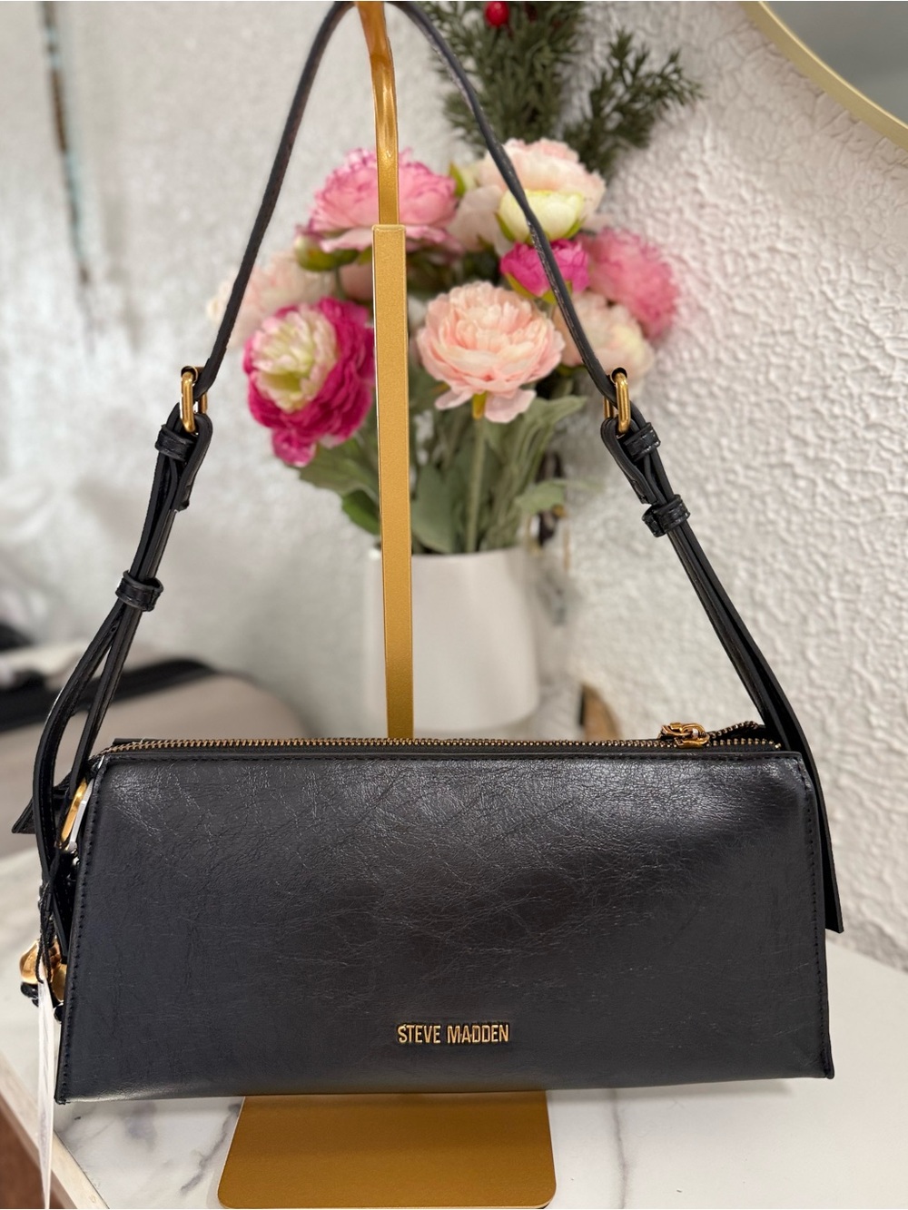 Steve Madden Black Baguette Shoulder Bag Gold Hardware